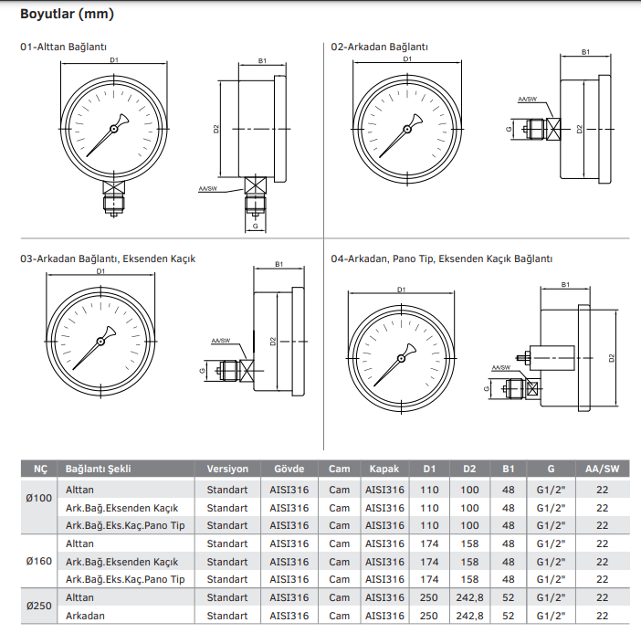 Komple Paslanmaz kurutip CL1,0 Hassas Basınç Ölçer, Manometre Class 1,0 PAKKENS MH100 MH160 MH250 teknik çizimi ve boyutları pakkens 10011121 - 16011121 - 25011121